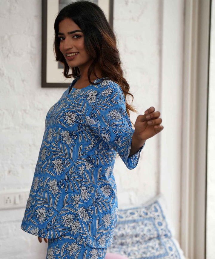 Sky blue floral handblock printed cotton night suit set