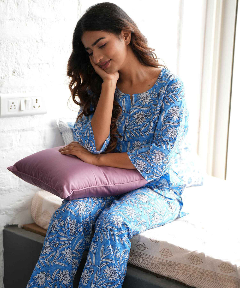 Sky blue floral handblock printed cotton night suit set