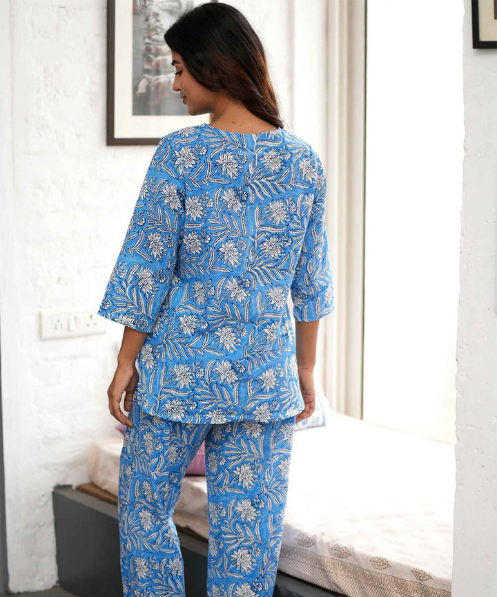 Sky blue floral handblock printed cotton night suit set