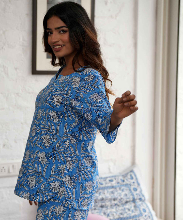 Sky blue floral handblock printed cotton night suit set