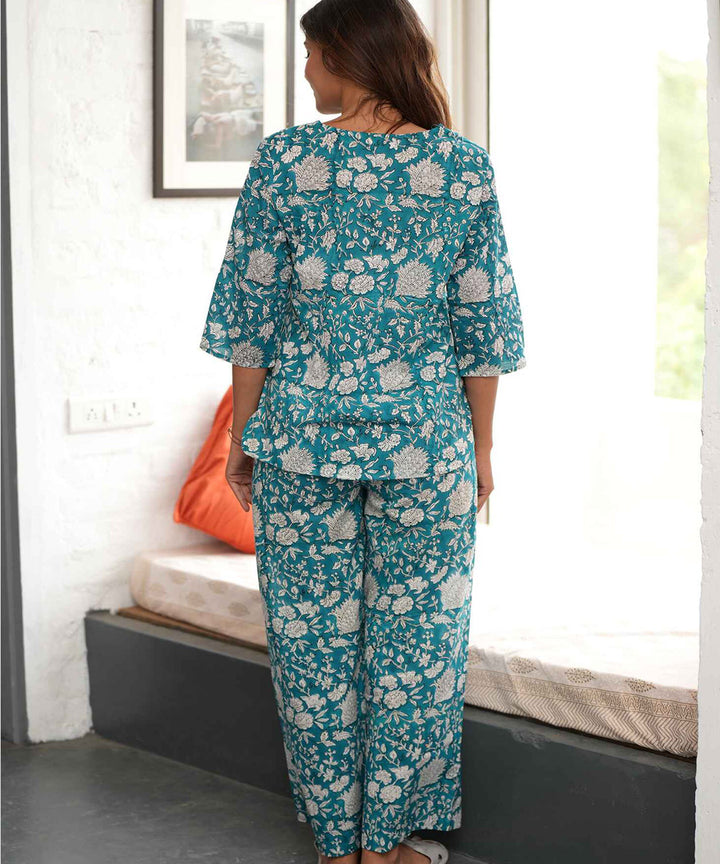 Turquoise floral handblock printed cotton night suit set