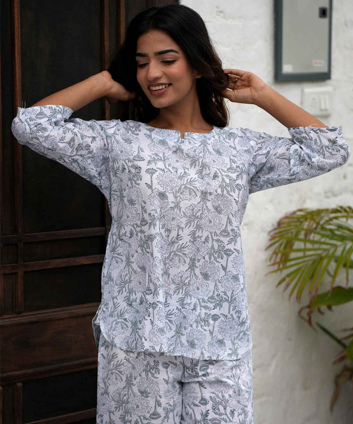 Maroon floral handblock printed cotton night suit set