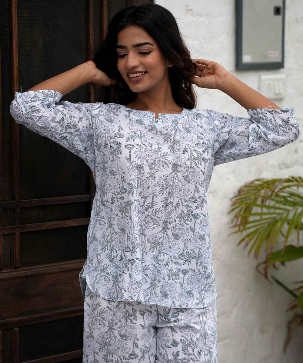 White floral handblock printed cotton night suit set