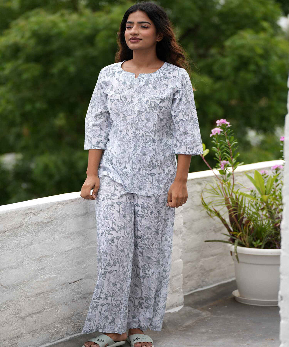 Maroon floral handblock printed cotton night suit set