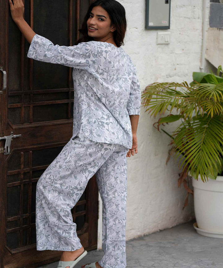 Maroon floral handblock printed cotton night suit set