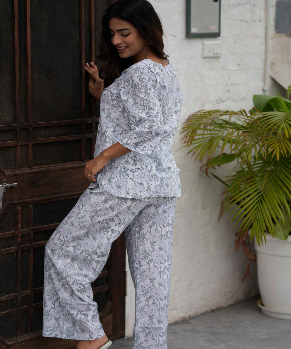 Maroon floral handblock printed cotton night suit set