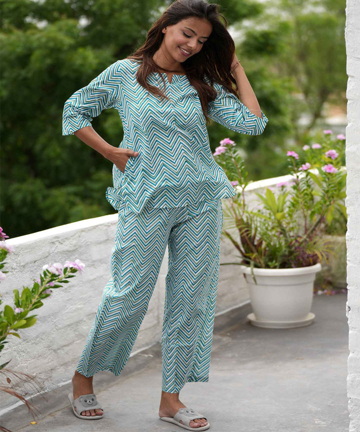 White blue floral hand block printed cotton night suit set