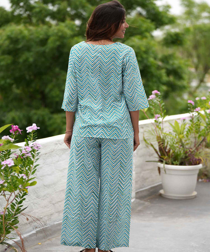 White blue floral hand block printed cotton night suit set