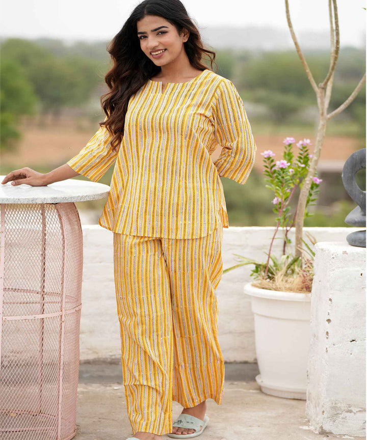 Yellow red floral handblock printed cotton night suit set