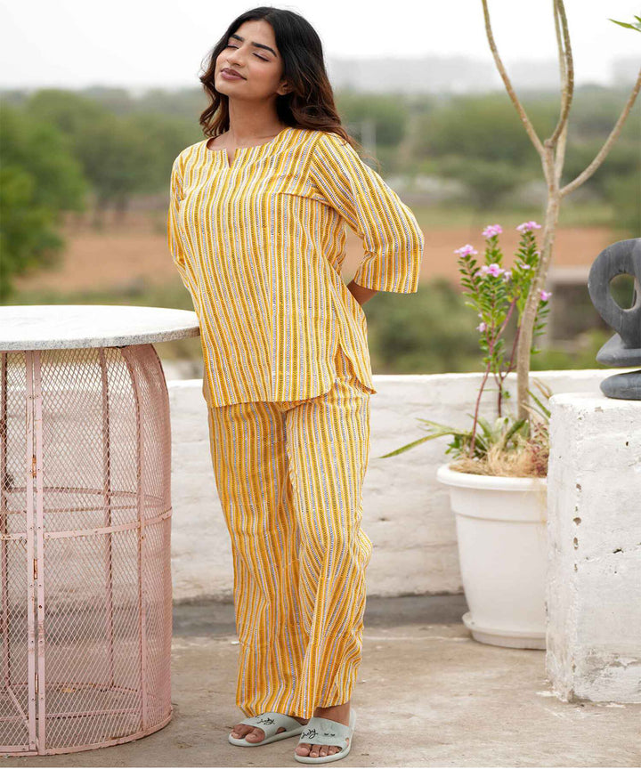 Yellow red floral handblock printed cotton night suit set