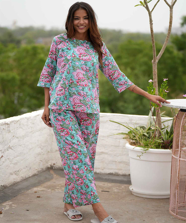 Multicolor floral handblock printed cotton night suit set