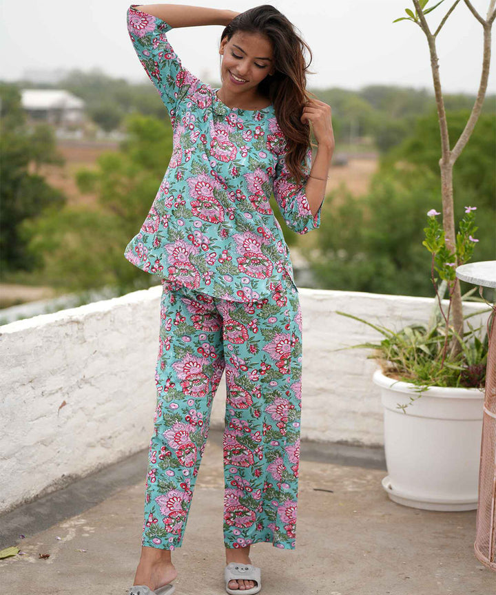 Multicolor floral handblock printed cotton night suit set