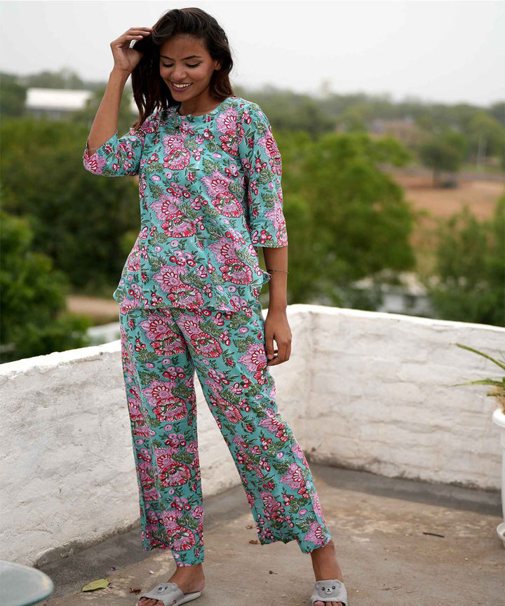 Multicolor floral handblock printed cotton night suit set