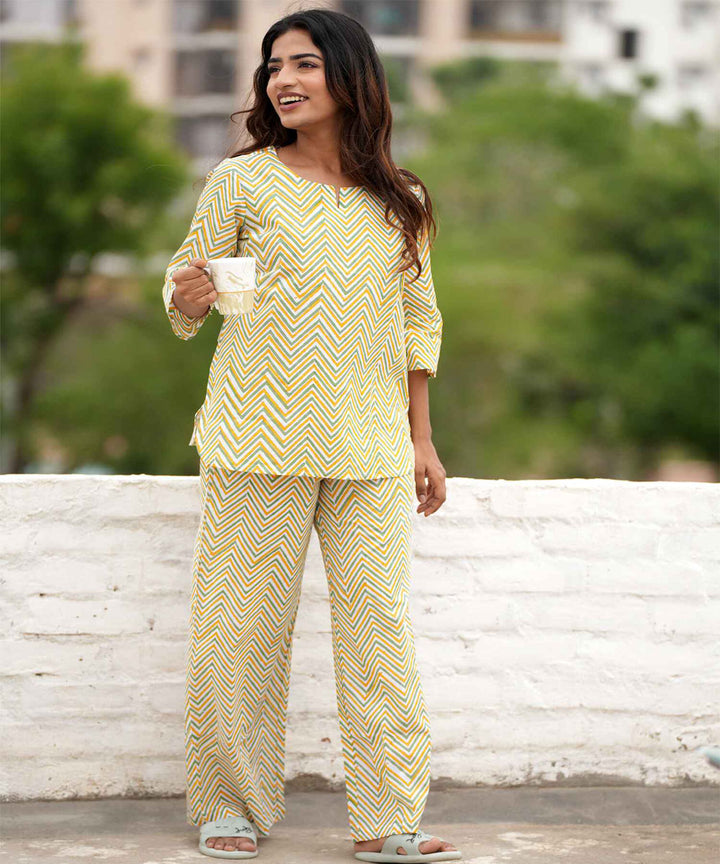 Yellow hand block printed cotton night suit set