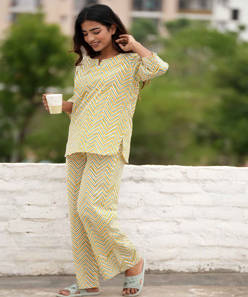 Yellow hand block printed cotton night suit set