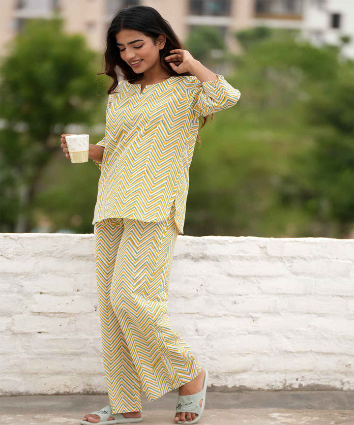 Yellow hand block printed cotton night suit set