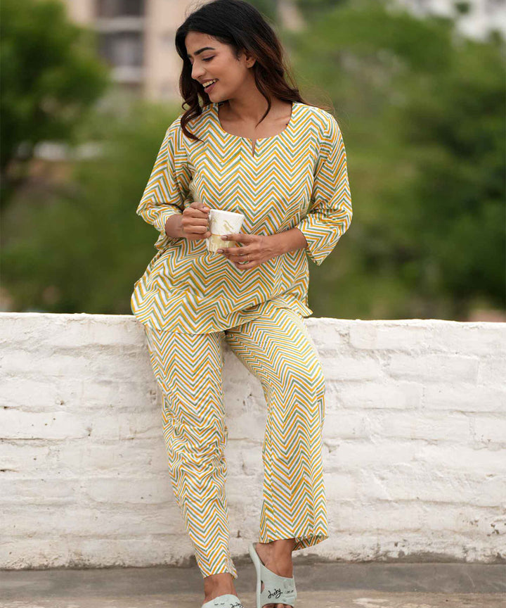 Yellow hand block printed cotton night suit set