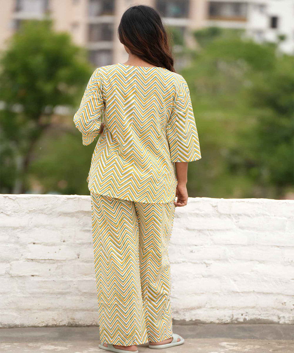 Yellow hand block printed cotton night suit set