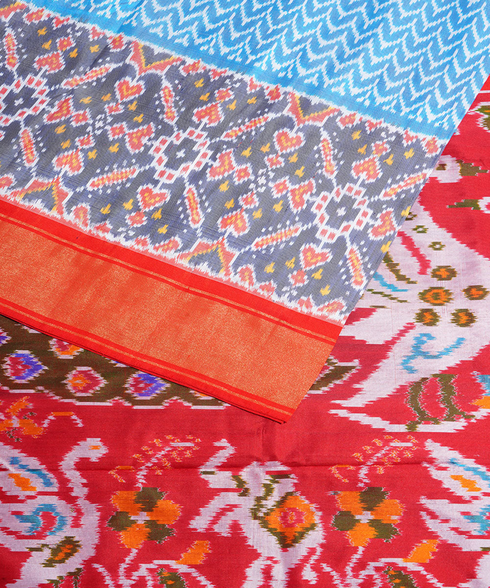 Sky blue red handwoven pochampally ikat silk saree