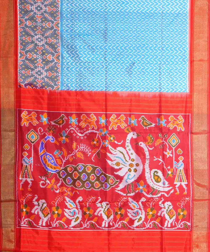 Sky blue red handwoven pochampally ikat silk saree