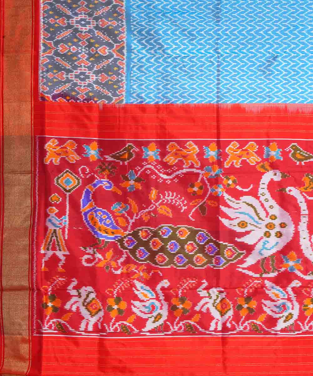Sky blue red handwoven pochampally ikat silk saree