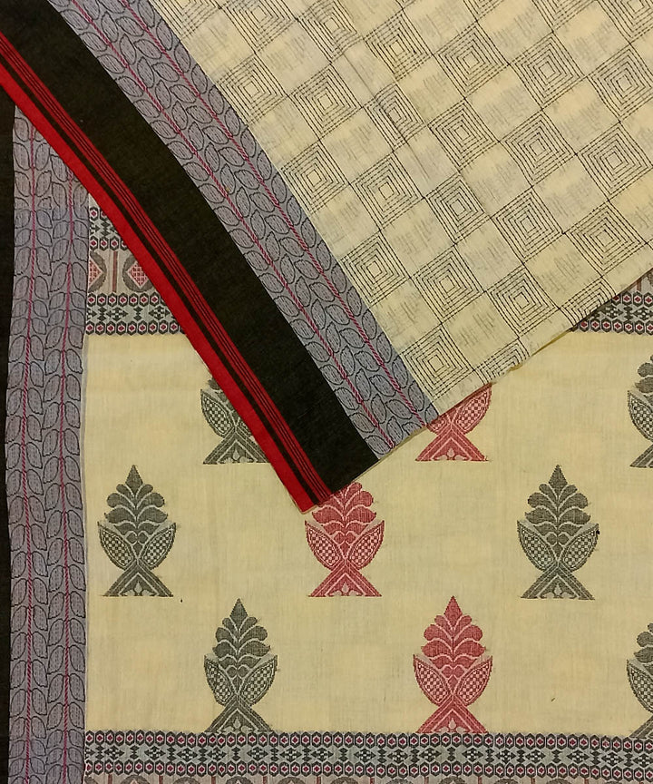 Cream black handwoven cotton bengal saree