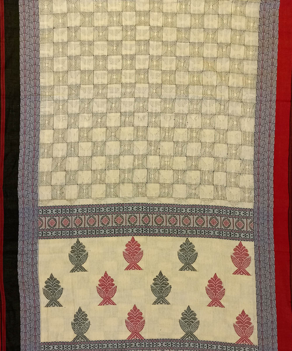Cream black handwoven cotton bengal saree