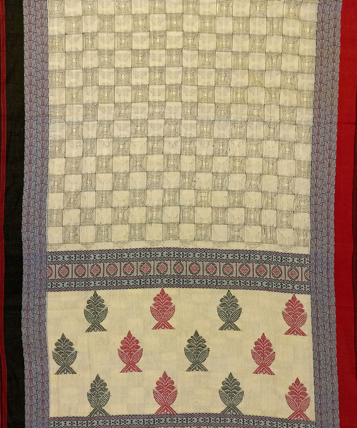 Cream black handwoven cotton bengal saree