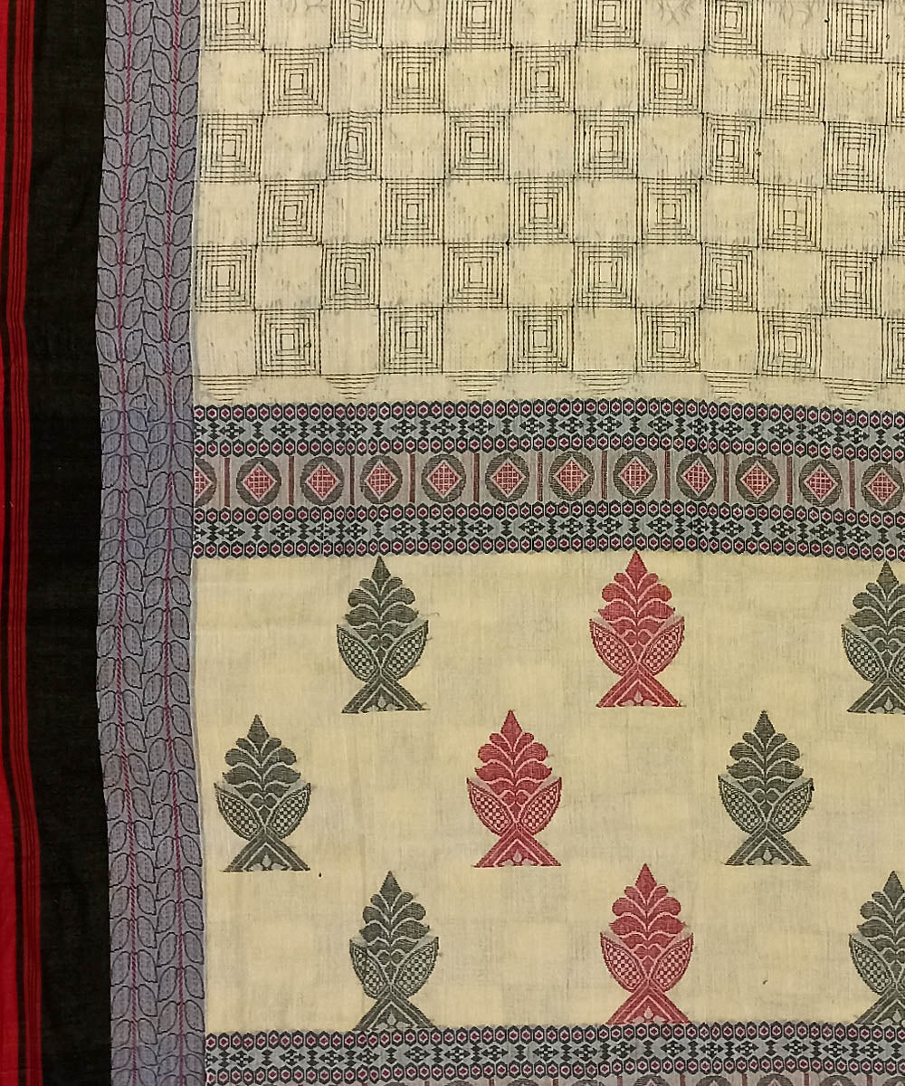 Cream black handwoven cotton bengal saree