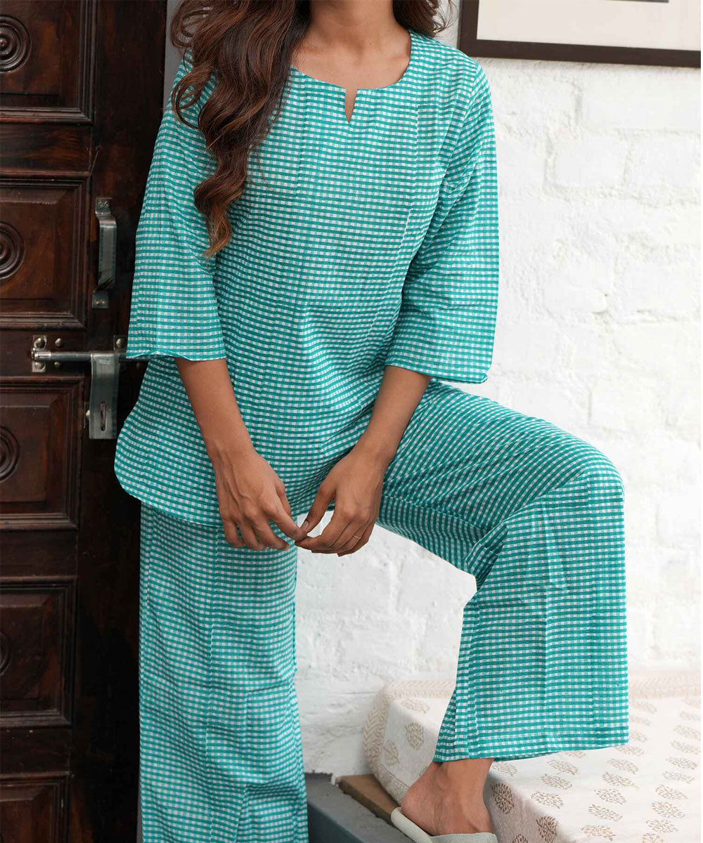 Turquoise handblock printed cotton night suit set