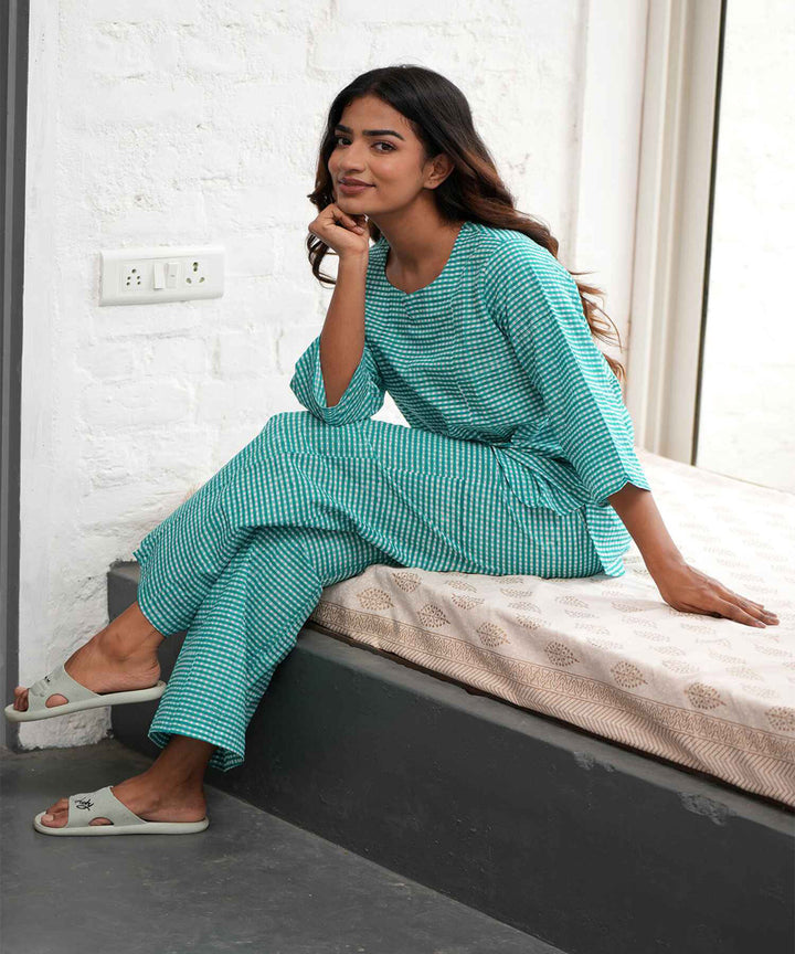 Turquoise handblock printed cotton night suit set