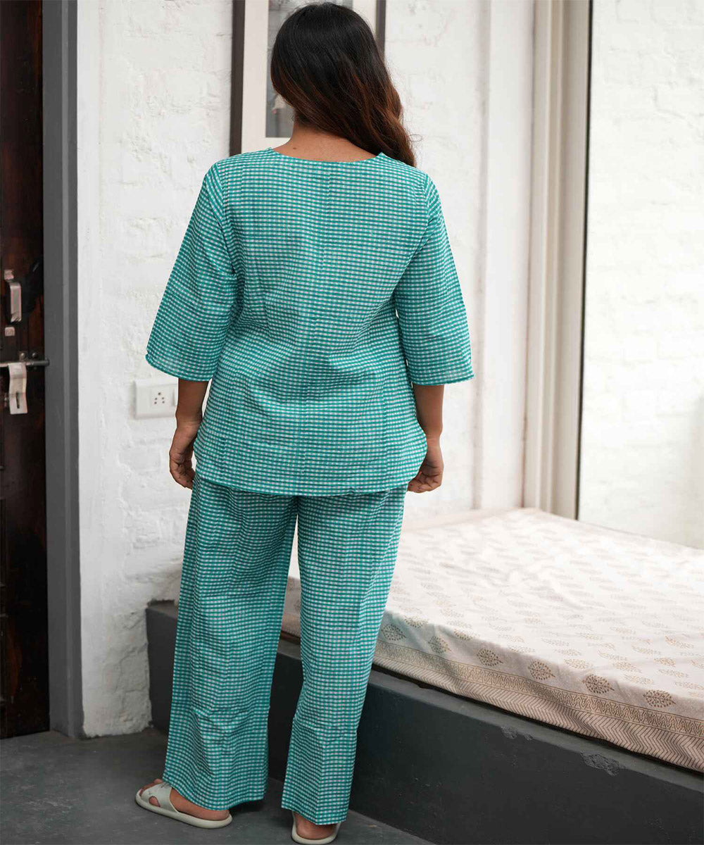 Turquoise handblock printed cotton night suit set