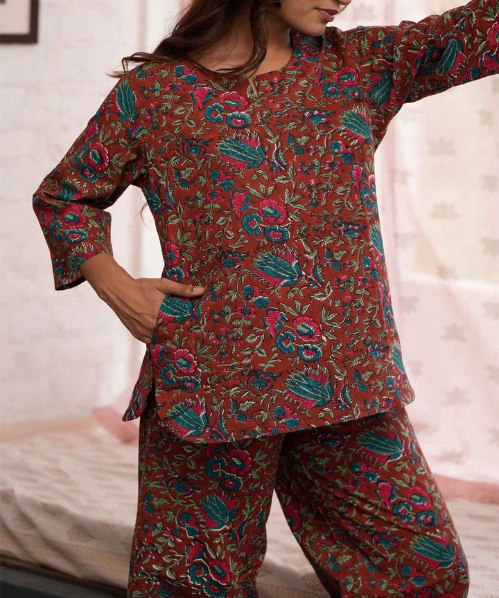 Maroon floral hand block printed cotton night suit set