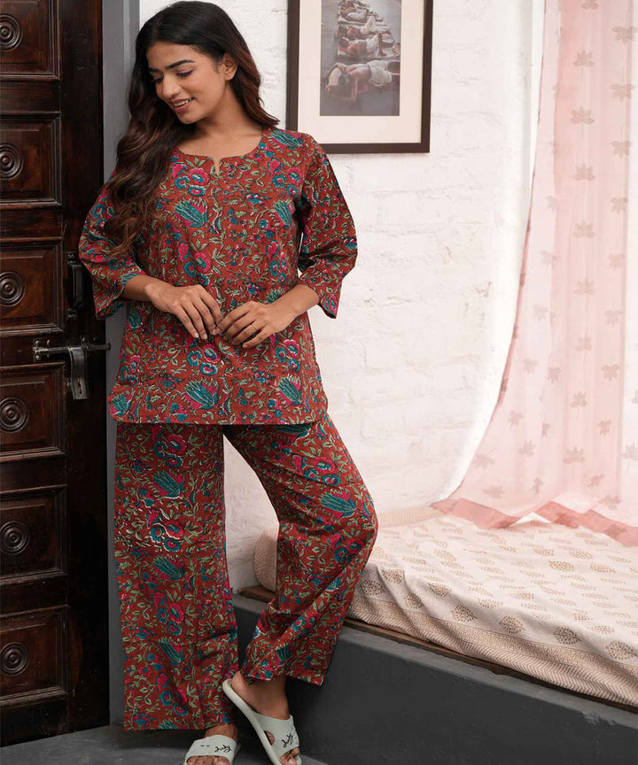 Maroon floral hand block printed cotton night suit set