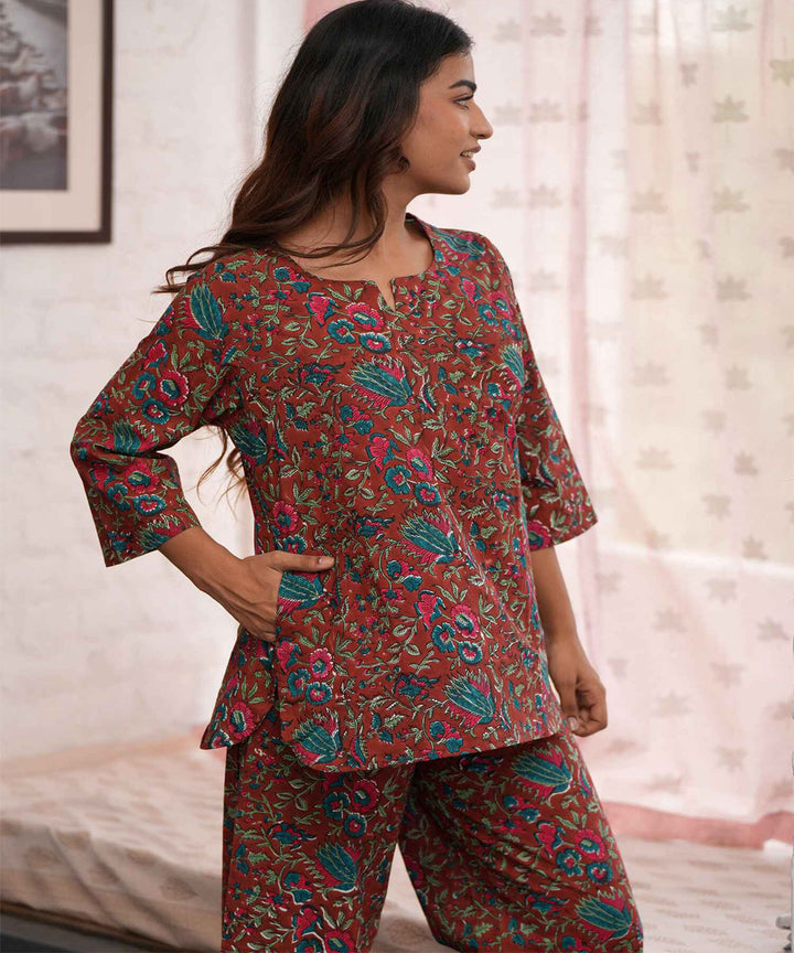 Maroon floral hand block printed cotton night suit set