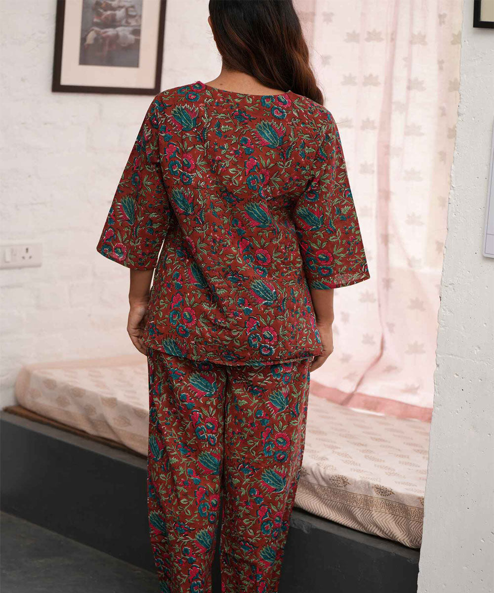 Maroon floral hand block printed cotton night suit set