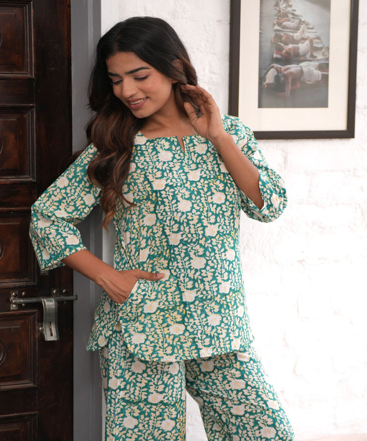 White green floral hand block printed cotton night suit set