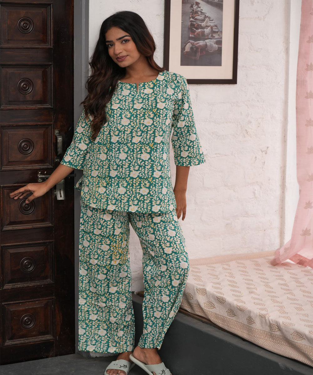 White green floral hand block printed cotton night suit set