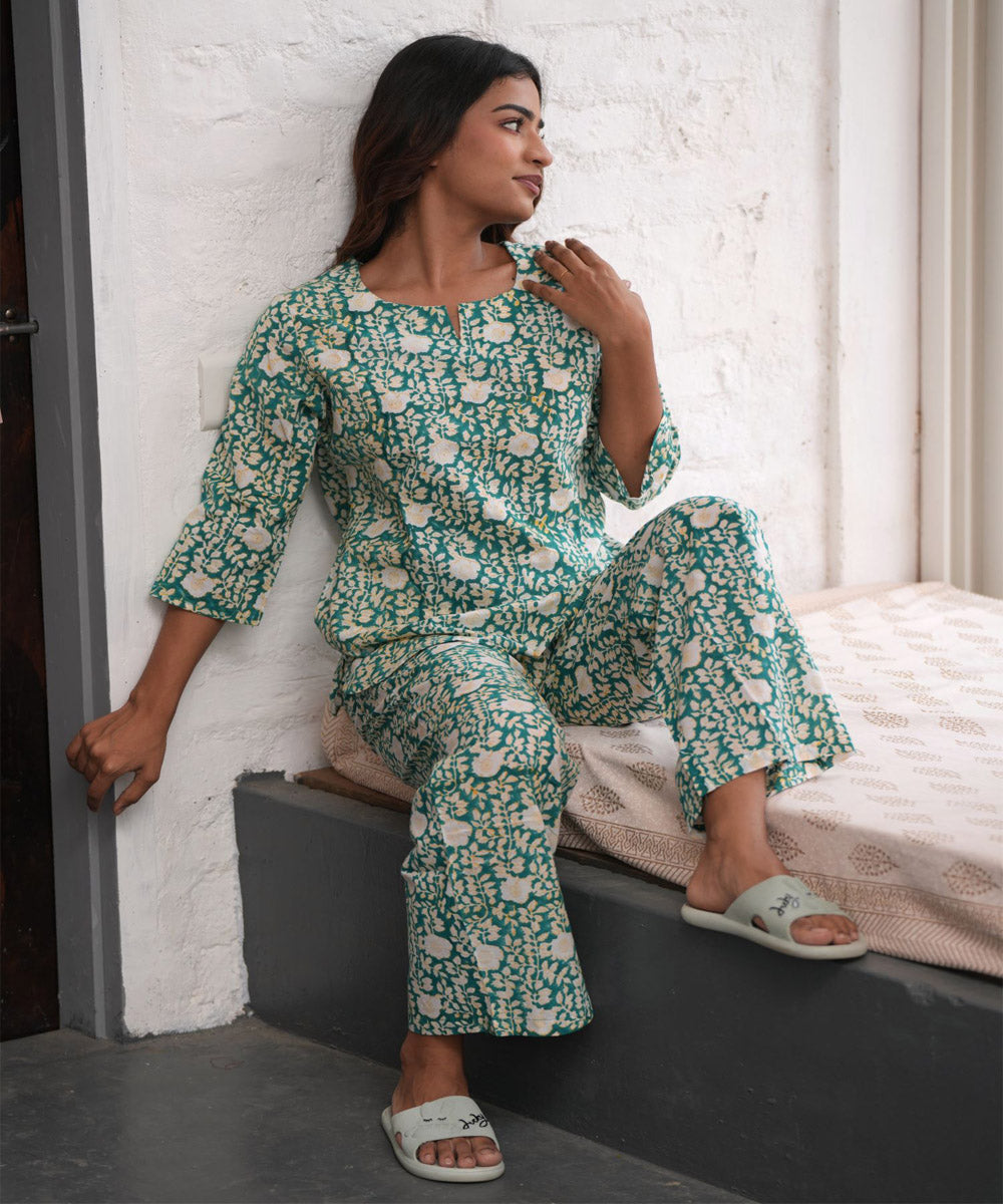 White green floral hand block printed cotton night suit set