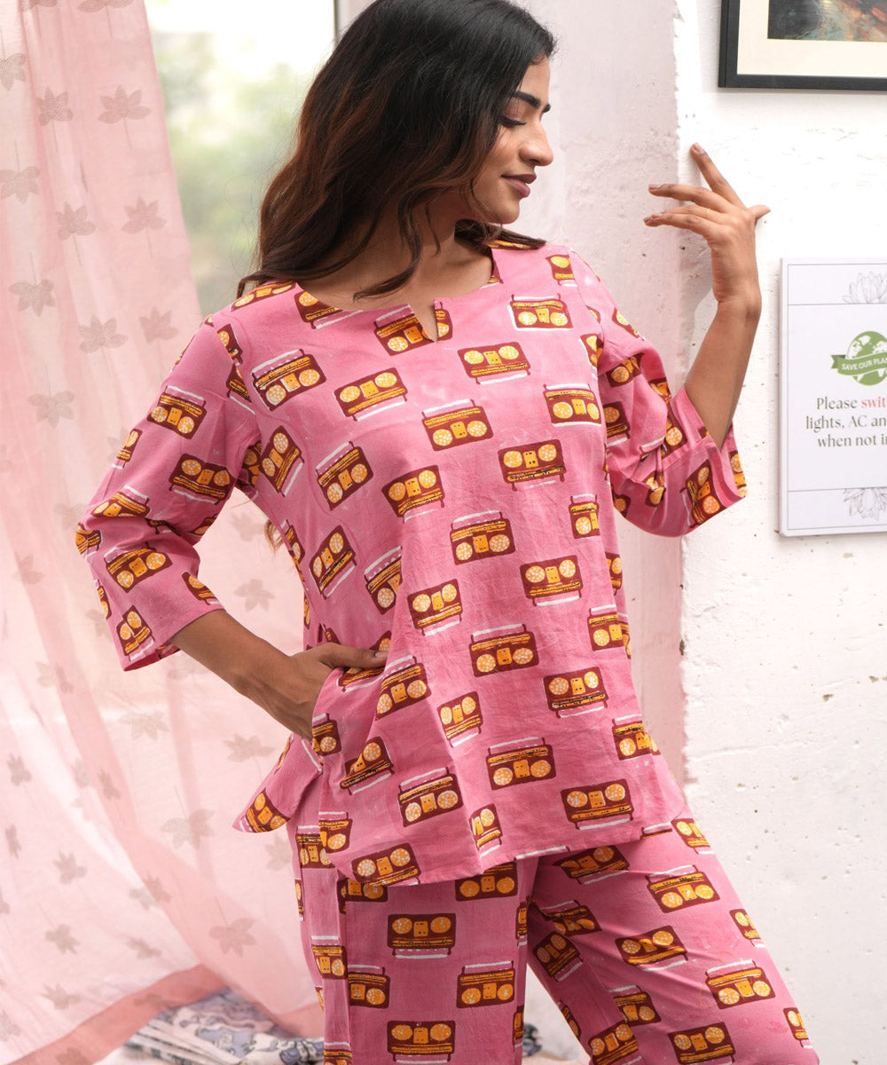 Pink melodies handblock printed cotton night suit set