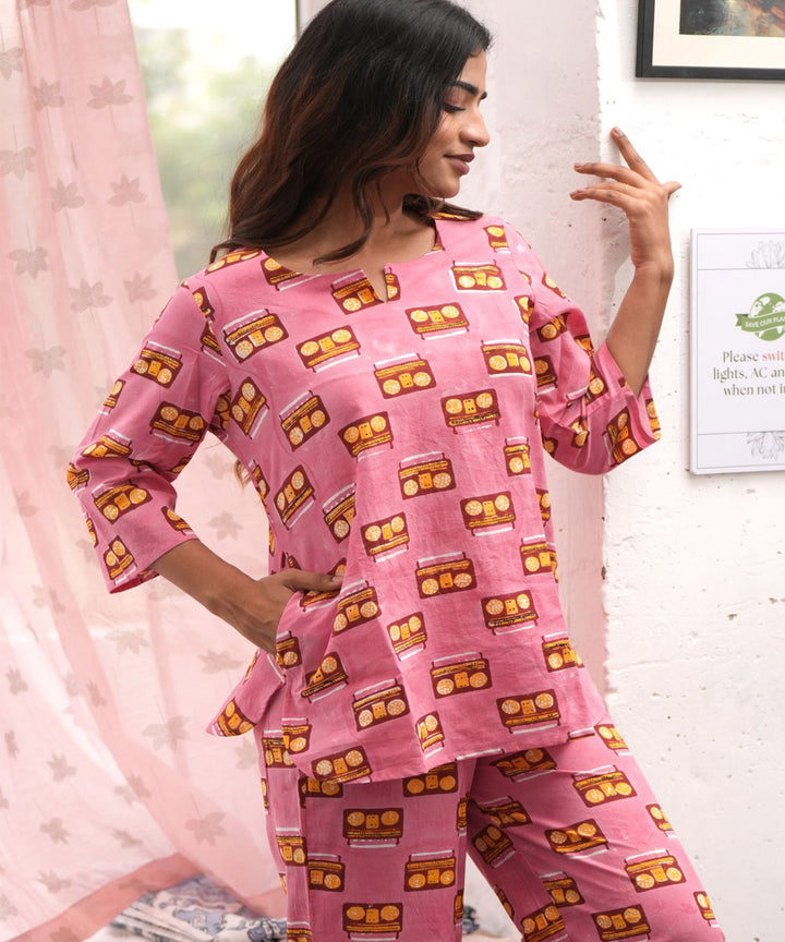 Pink melodies handblock printed cotton night suit set