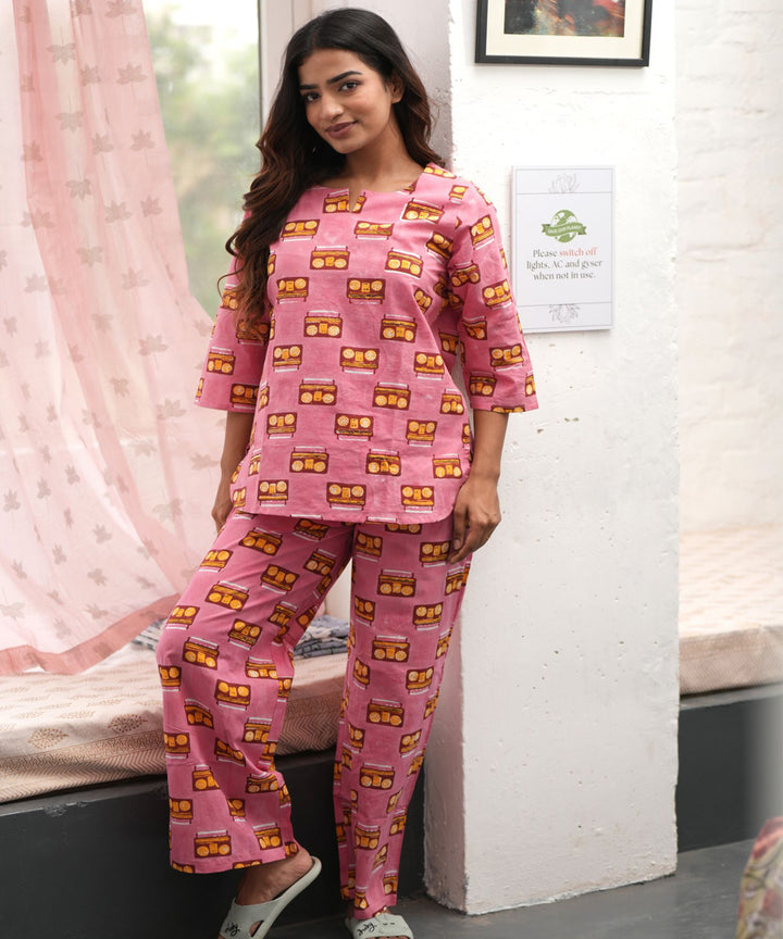 Pink melodies handblock printed cotton night suit set