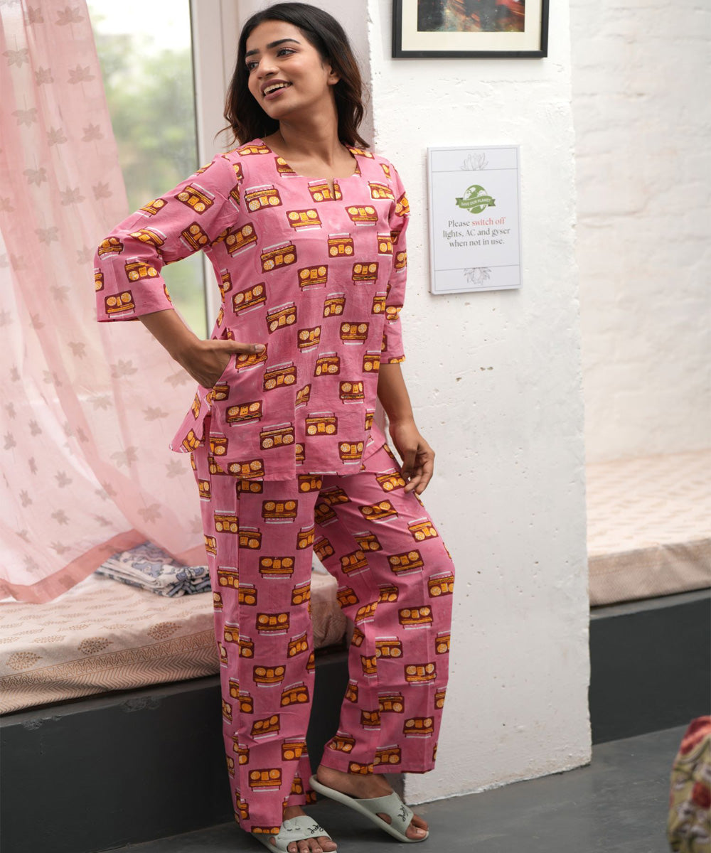 Pink melodies handblock printed cotton night suit set