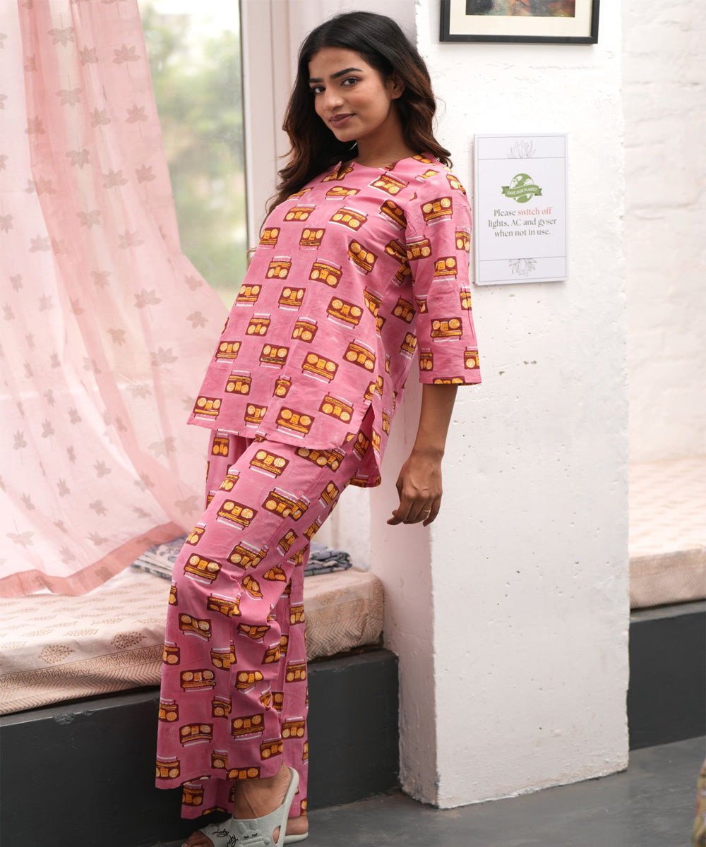 Pink melodies handblock printed cotton night suit set