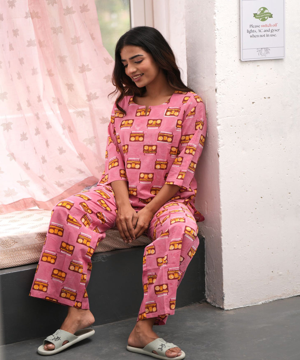 Pink melodies handblock printed cotton night suit set