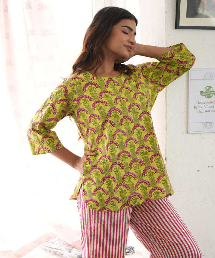 Yellow pink handblock printed cotton night suit set