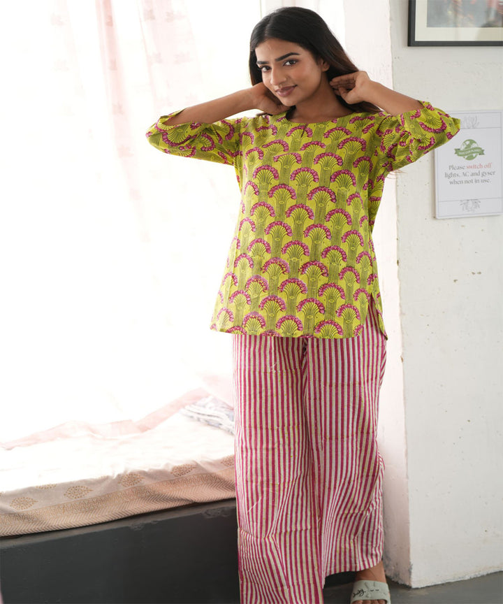 Yellow pink handblock printed cotton night suit set