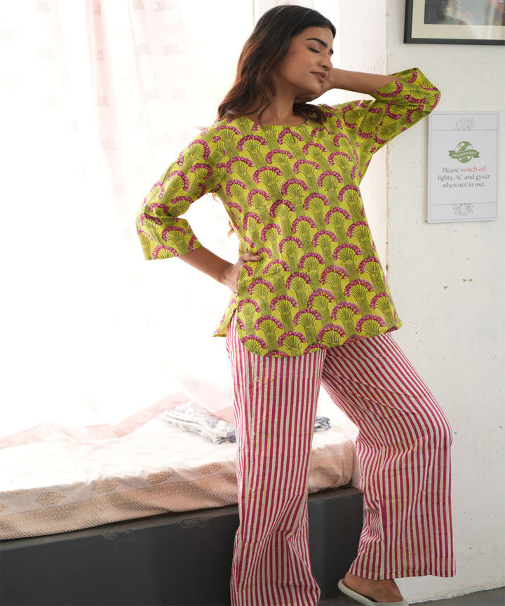 Yellow pink handblock printed cotton night suit set