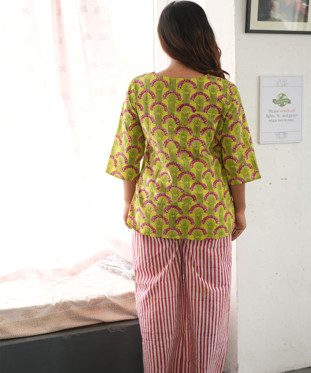 Yellow pink handblock printed cotton night suit set