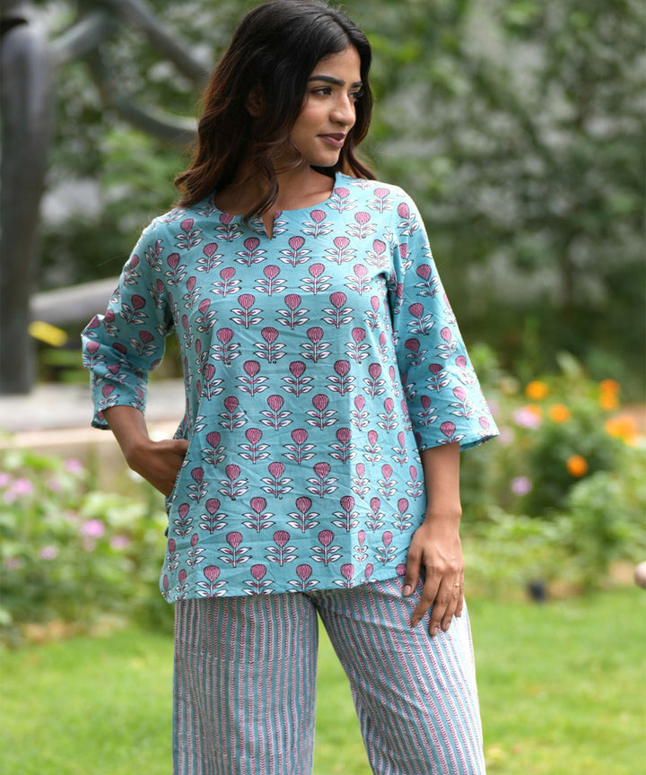 Blue handblock printed cotton night suit set